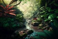 Peaceful Tropical Forest Vegetation with Creek AI Generated