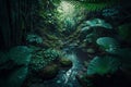 Peaceful Tropical Forest Vegetation with Creek AI Generated