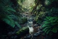 Peaceful Tropical Forest Vegetation with Creek AI Generated