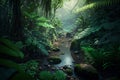 Peaceful Tropical Forest Vegetation with Creek AI Generated