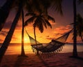 Peaceful Tropical Sunset Scene with Relaxing in a Hammock. Royalty Free Stock Photo