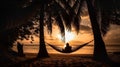 Peaceful Tropical Sunset Scene with Woman Relaxing in a Hammock - Generative AI Royalty Free Stock Photo