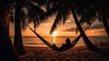 Tropical Sunset Scene with Woman Relaxing in a Hammock - Generative AI Royalty Free Stock Photo