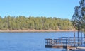 Peaceful view of a deck extended over Fool Hollow Lake in Show Low, Navajo County, Apache Sitgreaves National Forest, Arizona USA Royalty Free Stock Photo