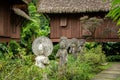 Peaceful view at the Hindu sculptures on a lawn of a hotel in Bali, Indonesia