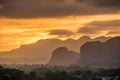 Peaceful view of Vinales valley at sunrise. Aerial View of the Vinales Valley in Cuba. Morning twilight and fog. Fog at dawn in th Royalty Free Stock Photo