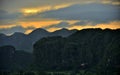 Peaceful view of Vinales valley at sunrise. Aerial View of the Vinales Valley in Cuba. Morning twilight and fog. Fog at dawn in th Royalty Free Stock Photo