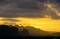 Peaceful view of Vinales valley at sunrise. Aerial View of the Vinales Valley in Cuba. Morning twilight and fog. Fog at dawn in th Royalty Free Stock Photo