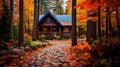 Rustic cabin nestled in a fiery autumn forest - a perfect country retreat Royalty Free Stock Photo