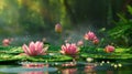 Tranquil Water Lily Pond at Dusk, Serene Nature Scene with Blooming Flowers. Ideal for Relaxation and Wall Art. AI Royalty Free Stock Photo