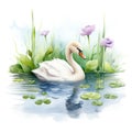 Peaceful Watercolor Baby Swan Floating Amidst Gentle River Currents AI Generated