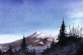 Peaceful watercolor landscape of dark blurry coniferous trees against mountains with snow covered peaks and serene blue sky with Royalty Free Stock Photo