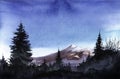 Peaceful watercolor landscape of dense coniferous forest with big pine against snow covered mountains and serene blue sky with Royalty Free Stock Photo