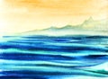 Peaceful watercolor landscape of sunset at sea. Warm yellow sky, illuminated surface of turquoise water and blurry blue Royalty Free Stock Photo