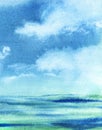 Peaceful watercolor landscape. Turquoise water surface meets on horizon with gentle blue sky with fluffy white clouds. Boundless Royalty Free Stock Photo