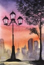 Peaceful watercolor summer city landscape at sunset. Ornate street lamp and thin leafy tree against blurry silhouettes of