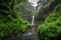 peaceful waterfall, surrounded by lush greenery and misty clouds Royalty Free Stock Photo