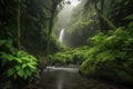 peaceful waterfall, surrounded by lush greenery and misty clouds Royalty Free Stock Photo