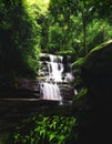 Peaceful Wide Waterfall Cascade in Dense Shady Tropical Forest Royalty Free Stock Photo