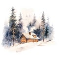 Peaceful Winter Cabin with Smoke Rising from Chimney AI Generated