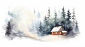 Peaceful Winter Cabin with Smoke Rising from Chimney AI Generated