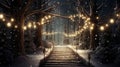 A peaceful winter forest scene with a winding path covered in fresh snow