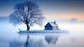 Peaceful winter landscape in the countryside at blue hour