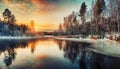 Peaceful winter landscape of forest surrounding the lake