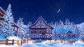 Snowbound alpine mountain village at winter night 4K