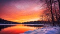 Peaceful winter landscape, sunset over the lake and forest, generative ai Royalty Free Stock Photo