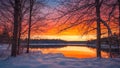 Peaceful winter landscape, sunset over the lake and forest, generative ai Royalty Free Stock Photo