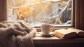 peaceful winter scene, cup on the windowsill, book and blanket Royalty Free Stock Photo