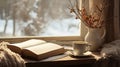peaceful winter scene, cup on the windowsill, book and blanket Royalty Free Stock Photo
