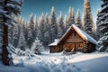 A peaceful winter scene of a snow-covered cabin nestled among towering pine trees in a remote forest Royalty Free Stock Photo