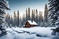 A peaceful winter scene of a snow-covered cabin nestled among towering pine trees in a remote forest Royalty Free Stock Photo