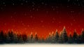 peaceful winter scene with snow-covered pine trees under starry night sky from dark to a warm orange glow Royalty Free Stock Photo