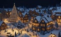 Peaceful winter scenery christmas night in the village and decorated Christmas tree at snowfall night Royalty Free Stock Photo