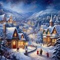 Peaceful winter village at night with snow, christmas lights, and cozy houses