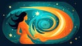 Peaceful woman with third eye employs intuition in decisions. Psychic girl considers mind and heart. Spirituality, esotericism.