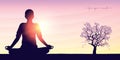 peaceful yoga mediating person on sunny bright background with big tree