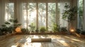 Peaceful yoga studio with sunlight and plants - generative ai Royalty Free Stock Photo