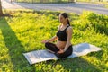 Peaceful young positive pregnant woman in gymnastic suit does yoga and meditate sitting on mat on green grass on sunny Royalty Free Stock Photo