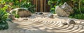 Peaceful zen garden background with smooth stones, raked sand patterns, and lush greenery. The Royalty Free Stock Photo