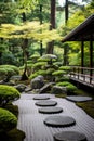 Peaceful Zen garden with raked sand pattern and greenery Royalty Free Stock Photo