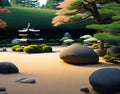 A peaceful Zen garden in Ryoanji Temple with carefully arranged rocks on a bed of raked gravel Royalty Free Stock Photo