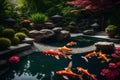 A peaceful, zen garden with a stone pathway and a koi pond Royalty Free Stock Photo