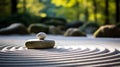 A peaceful Zen rock garden, with perfectly raked gravel as the background, during a calm afternoon Royalty Free Stock Photo