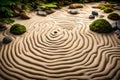 A peaceful Zen rock garden with perfectly raked sand,