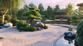 a peaceful scene depicting a traditional Japanese garden with a koi pond, meticulously raked gravel Royalty Free Stock Photo