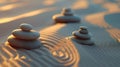 Peaceful zen stones on rippled sand at sunset, meditation and spa concept, soft focus and warm light. AI Royalty Free Stock Photo